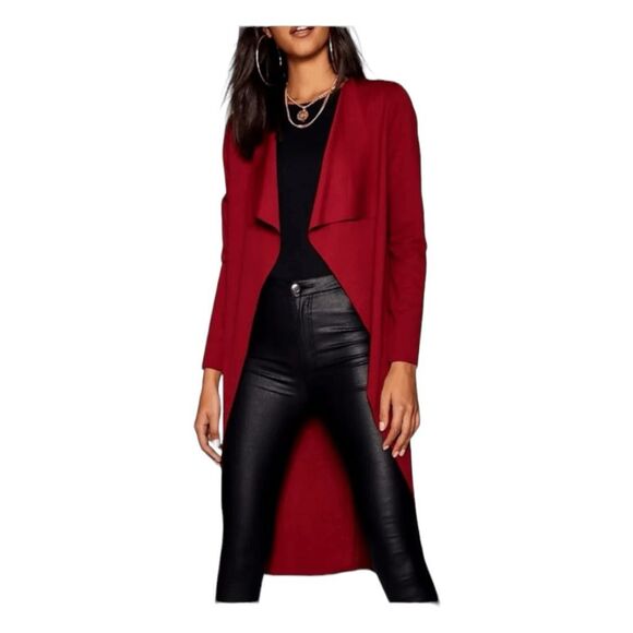 BooHoo Duster Cardigan Blazer Dark Red Crepe Open Front Waterfall Long Sleeves - Picture 1 of 8